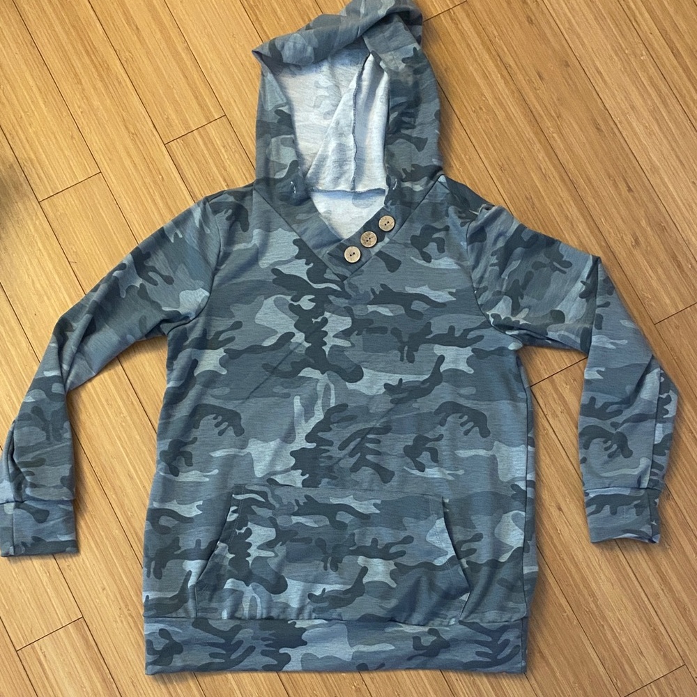 Gray Camouflage Hoodie with Button Detail